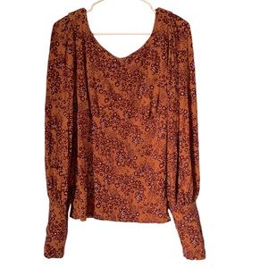 Free People Burnt Orange Red Floral Peasant Long Sleeve Top